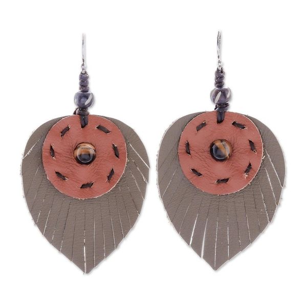 Alternate image for Hand Crafted Tigers Eye and Leather Leaf Dangle Earrings Aurora Leaves