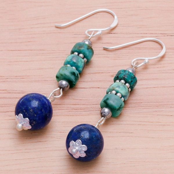 Alternate image for Handmade Lapis Lazuli and Hematite Dangle Earrings Earth Orbit