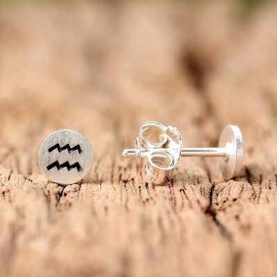 Alternate image for Sterling Silver Aquarius Stud Earrings from Thailand Satin Aquarius