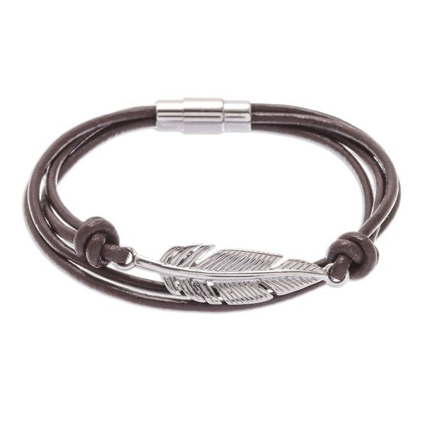 Alternate image for Stainless Steel and Brown Leather Feather Pendant Bracelet Stunning Feather in Brown