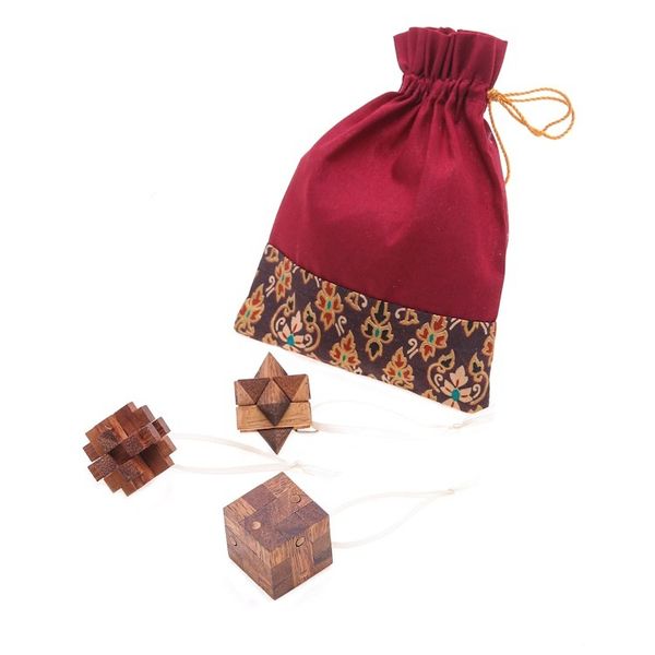 Alternate image for Three Thai Miniature Wood Puzzle Game Ornaments Christmas Challenge
