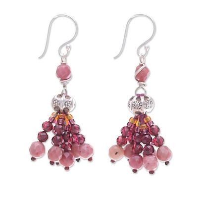 Alternate image for Hill Tribe Garnet and Rhodonite Beaded Dangle Earrings Pink Grandeur