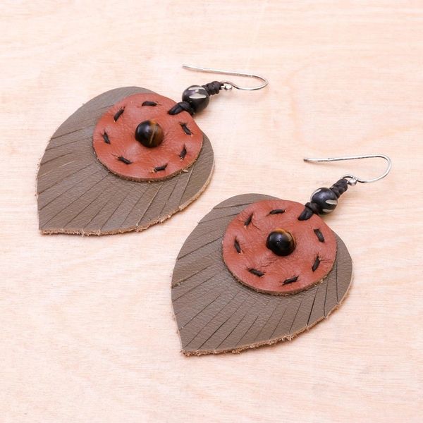 Alternate image for Hand Crafted Tigers Eye and Leather Leaf Dangle Earrings Aurora Leaves