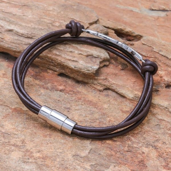 Alternate image for Stainless Steel and Brown Leather Feather Pendant Bracelet Stunning Feather in Brown