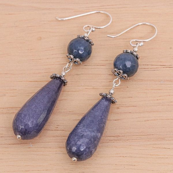 Alternate image for Hand Threaded Blue Agate Dangle Earrings from Thailand Midnight Rain