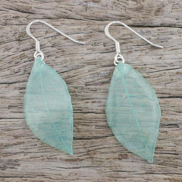 Alternate image for Natural Leaf Dangle Earrings in Jade from Thailand Stunning Nature in Jade
