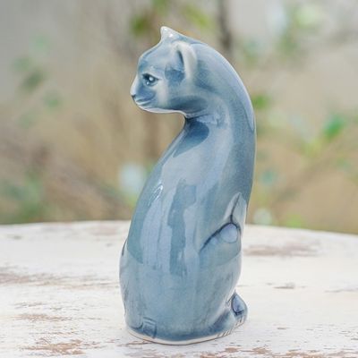 Alternate image for Blue Celadon Ceramic Cat Figurine Hand-Crafted in Thailand Beautiful Cat in Blue