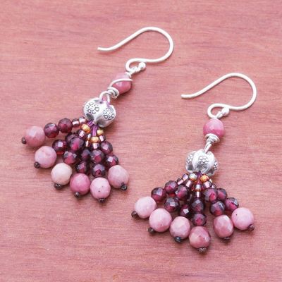 Alternate image for Hill Tribe Garnet and Rhodonite Beaded Dangle Earrings Pink Grandeur
