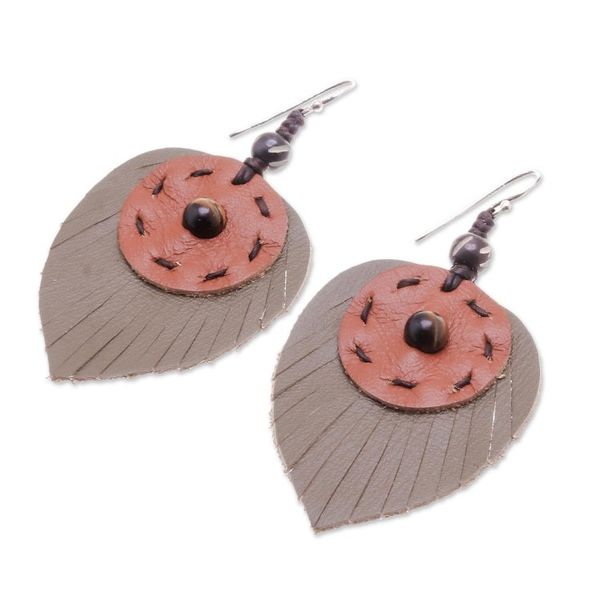 Alternate image for Hand Crafted Tigers Eye and Leather Leaf Dangle Earrings Aurora Leaves