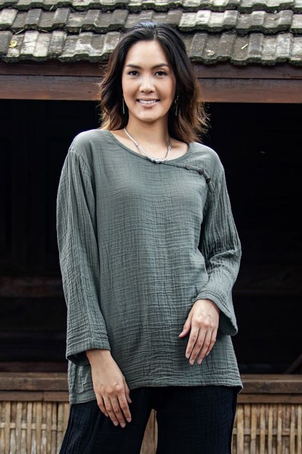 Alternate image for Sage Grey Cotton Double Gauze Blouse Modern Look in Grey