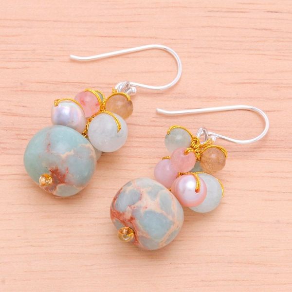 Alternate image for Jasper Cultured Pearl and Quartz Beaded and Hooked Earrings Cave Treasures