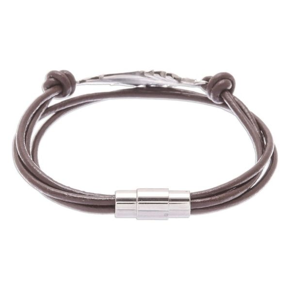 Alternate image for Stainless Steel and Brown Leather Feather Pendant Bracelet Stunning Feather in Brown