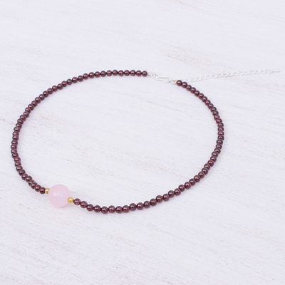 Alternate image for Handmade Garnet and Rose Quartz Beaded Necklace Precious Orb in Crimson