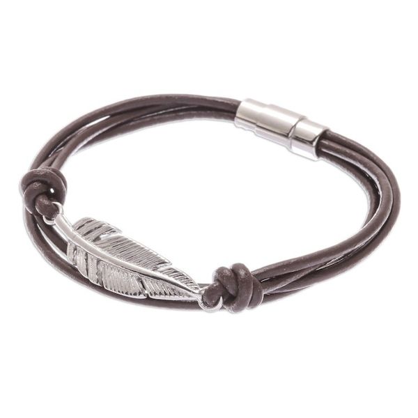 Alternate image for Stainless Steel and Brown Leather Feather Pendant Bracelet Stunning Feather in Brown
