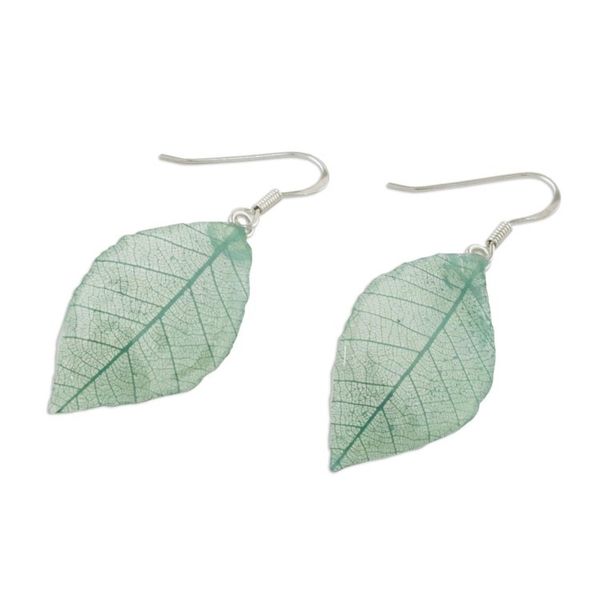 Alternate image for Natural Leaf Dangle Earrings in Jade from Thailand Stunning Nature in Jade
