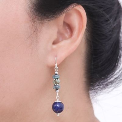 Alternate image for Handmade Lapis Lazuli and Hematite Dangle Earrings Earth Orbit