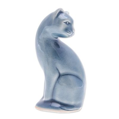 Alternate image for Blue Celadon Ceramic Cat Figurine Hand-Crafted in Thailand Beautiful Cat in Blue