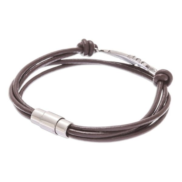Alternate image for Stainless Steel and Brown Leather Feather Pendant Bracelet Stunning Feather in Brown