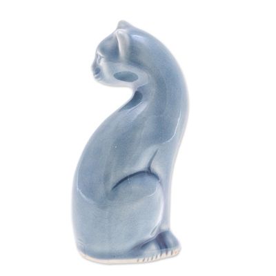 Alternate image for Blue Celadon Ceramic Cat Figurine Hand-Crafted in Thailand Beautiful Cat in Blue