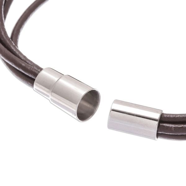 Alternate image for Stainless Steel and Brown Leather Feather Pendant Bracelet Stunning Feather in Brown
