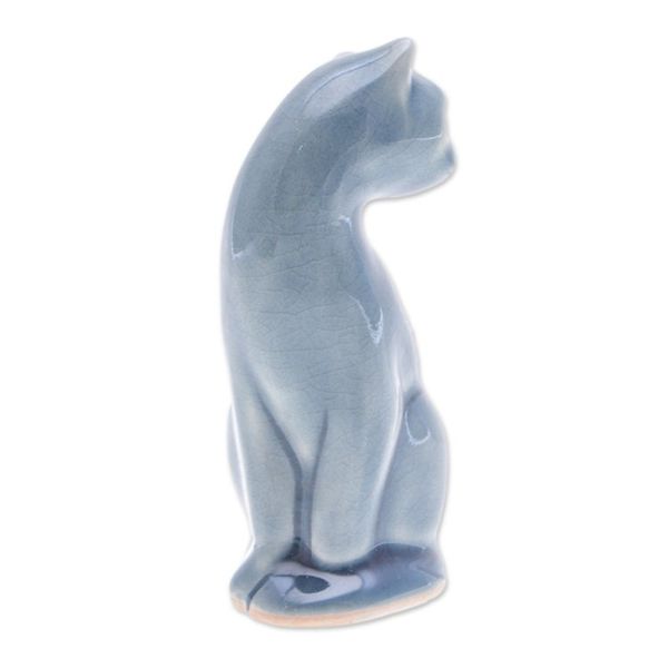 Alternate image for Blue Celadon Ceramic Cat Figurine Hand-Crafted in Thailand Beautiful Cat in Blue