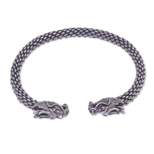 Alternate image for Dragon Themed Unisex Sterling Silver Cuff Bracelet Double Dragons