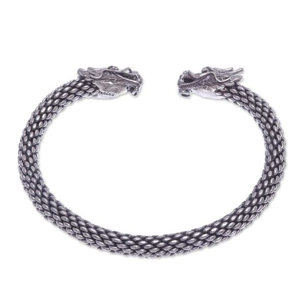 Alternate image for Dragon Themed Unisex Sterling Silver Cuff Bracelet Double Dragons