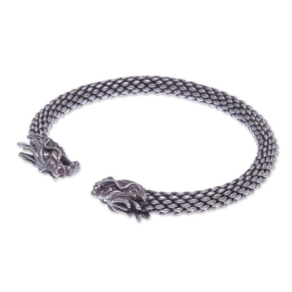 Alternate image for Dragon Themed Unisex Sterling Silver Cuff Bracelet Double Dragons