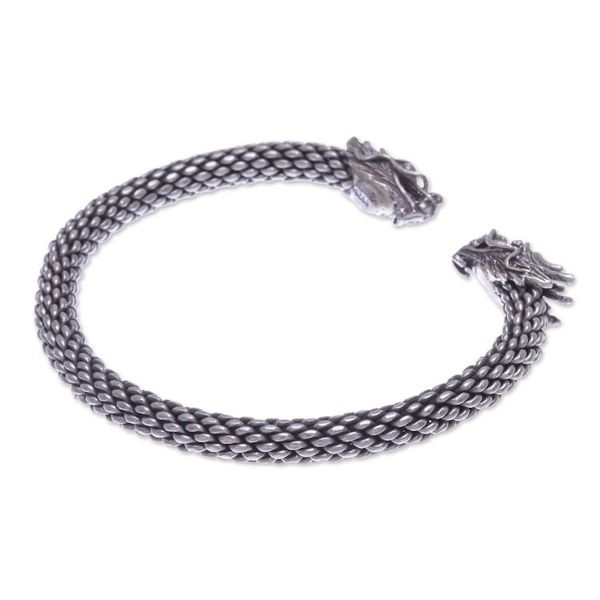 Alternate image for Dragon Themed Unisex Sterling Silver Cuff Bracelet Double Dragons