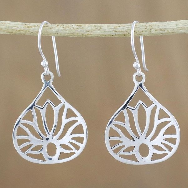 Alternate image for Lotus-Shaped Sterling Silver Dangle Earrings from Thailand Shimmering Lotus