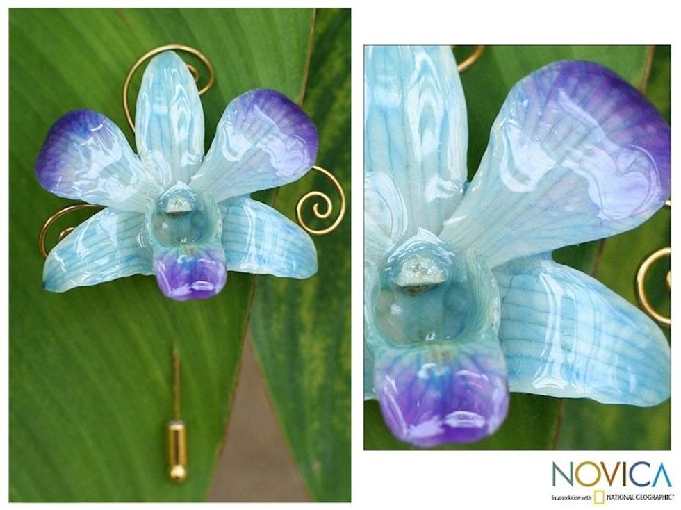 Natural Orchid Gold Plated Stick Pin  'Forever Blue'