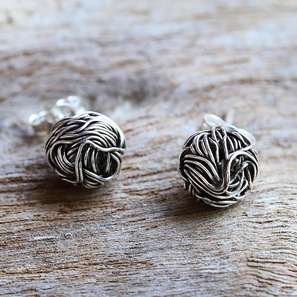 Sterling Silver Stud Earrings Round Shape from Thailand 'Bird Nests'