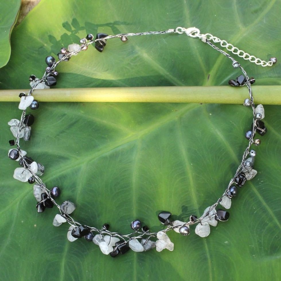 Beaded Quartz and Pearl Necklace from Thailand 'River of Night'