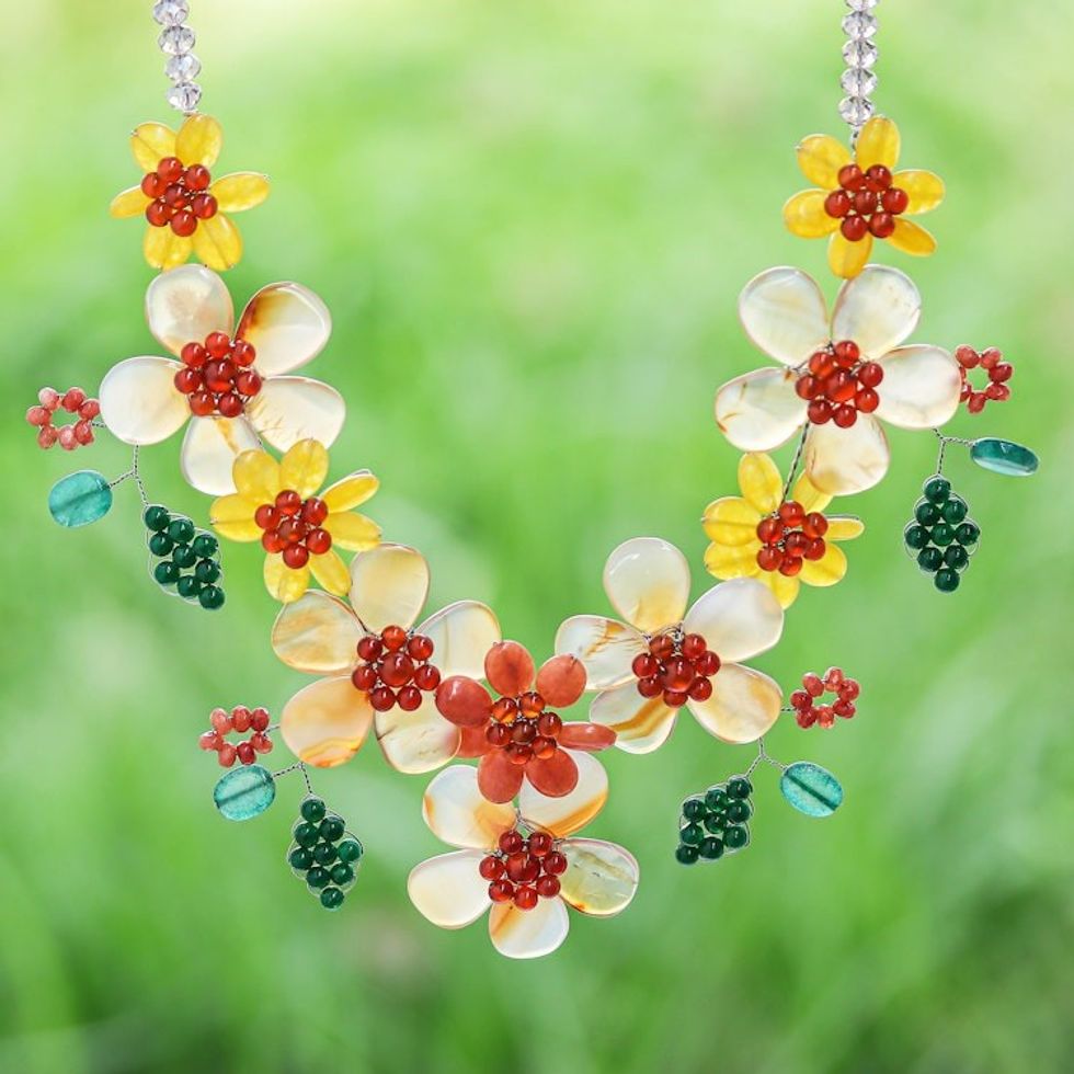 Hand Threaded Carnelian and Agate Statement Necklace 'Flower Bed in Orange'