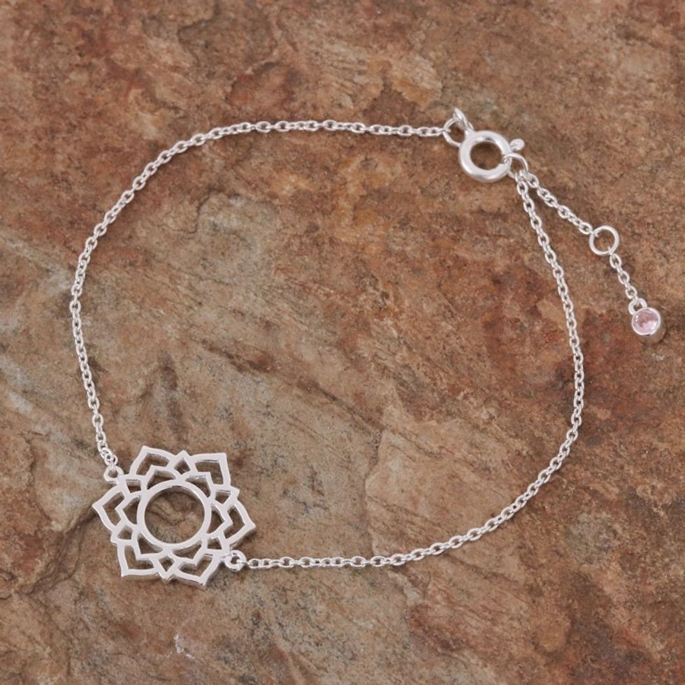 Sterling Silver Pendant Bracelet with Pink Cubic Zirconia 'Pink Chakra Crown'