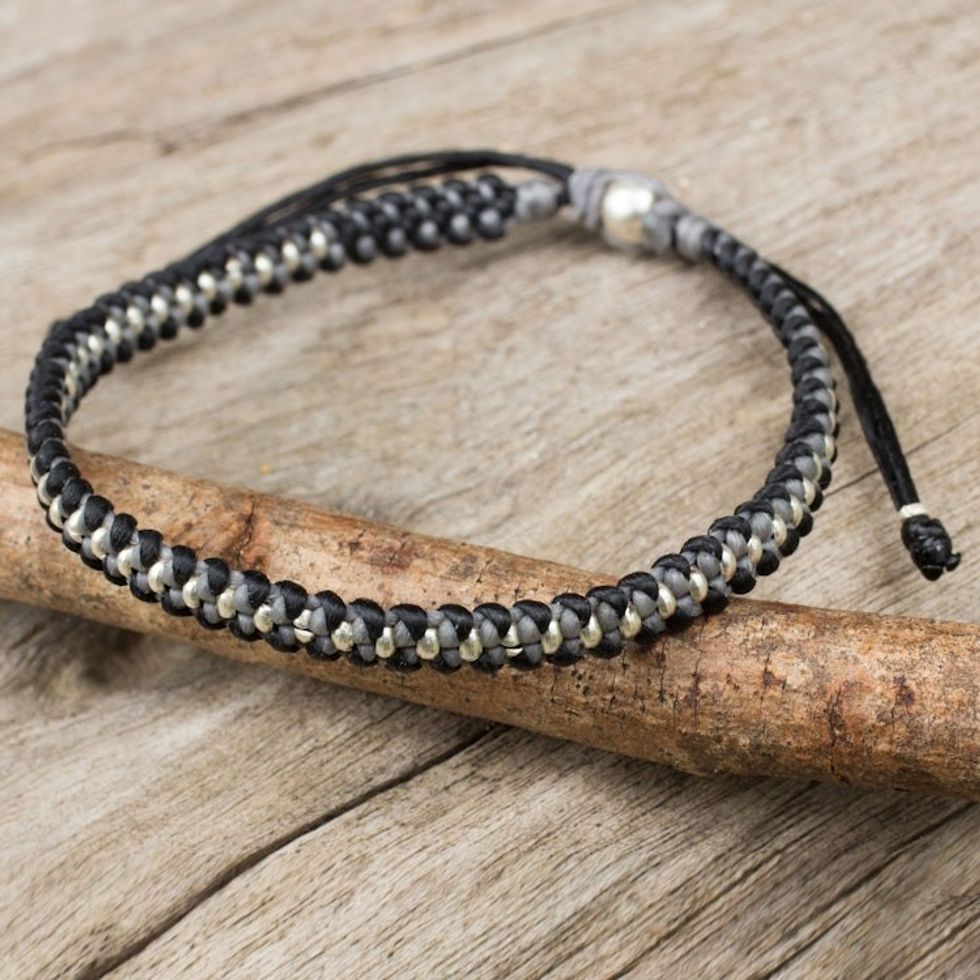 Hand Knotted Macrame Bracelet with Hill Tribe Silver Beads 'Grey Black Progression'