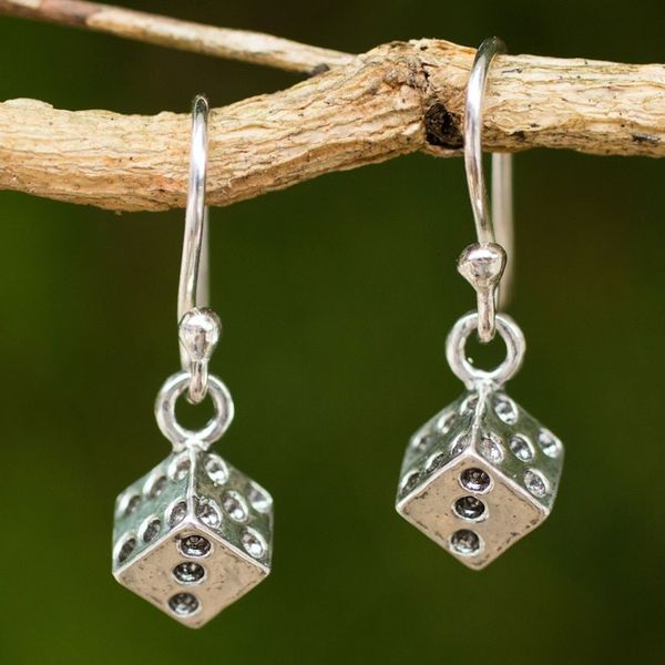 Alternate image for Handmade Sterling Silver Dice Dangle Earrings from Thailand Lucky Dice