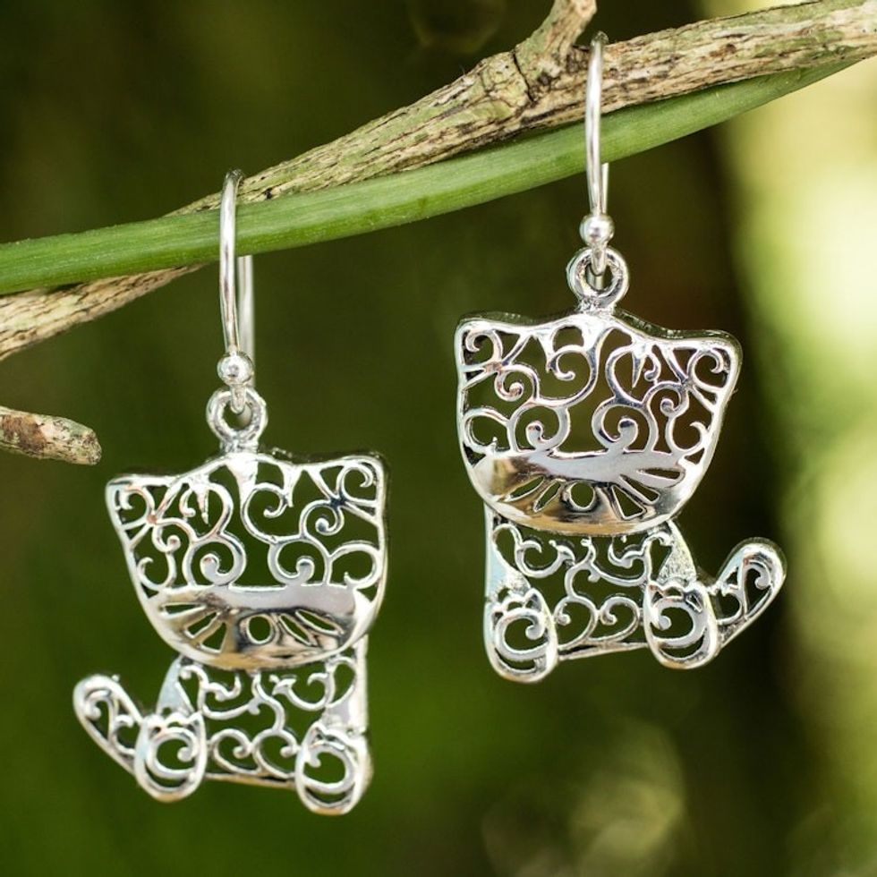 Sterling Silver Cat Earrings 'Filigree Kitten'