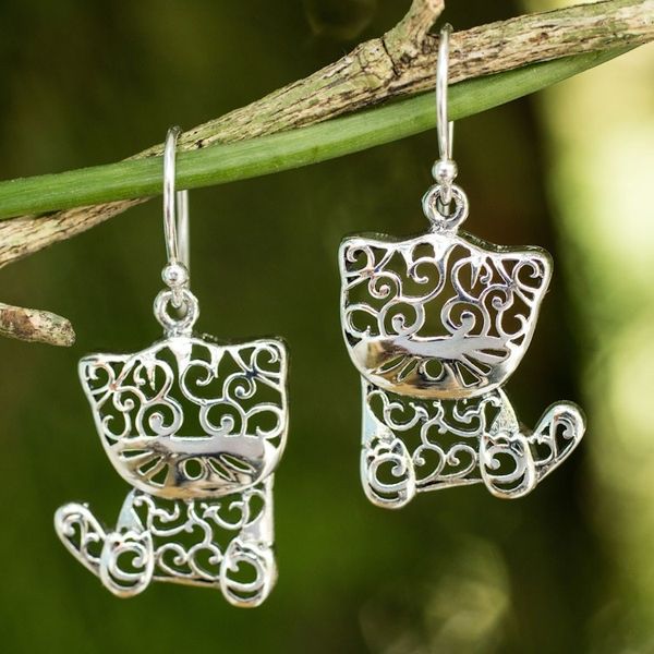 Alternate image for Sterling Silver Cat Earrings Filigree Kitten