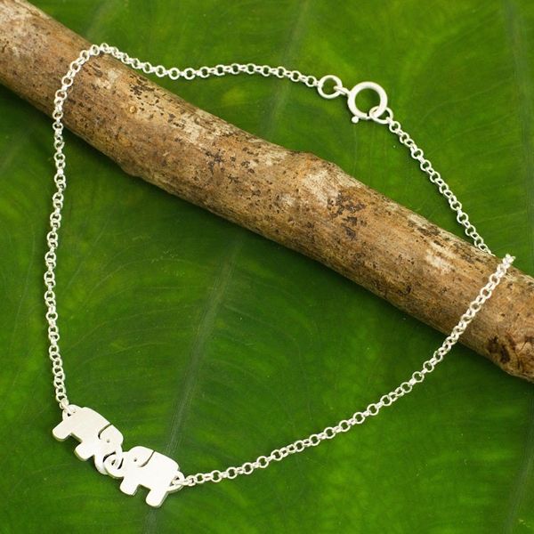 Alternate image for Thai Sterling Silver Anklet with a Twin Elephants Charm Elephant Friendship