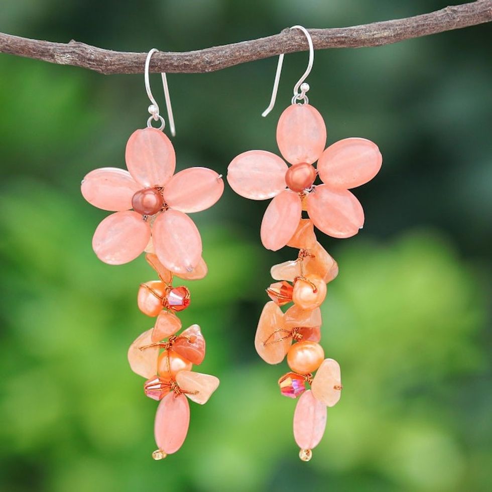 Aventurine and Cultured Pearl Floral Earrings 'Petal Passion in Orange'