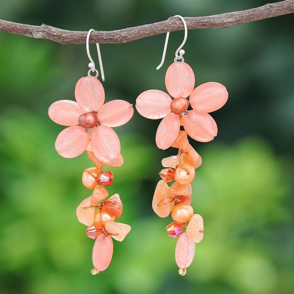 Alternate image for Aventurine and Cultured Pearl Floral Earrings Petal Passion in Orange