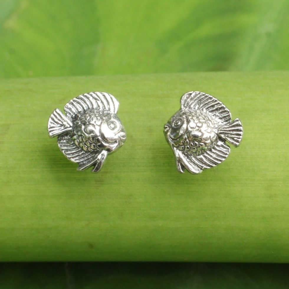 Small Fish Button Earrings in Sterling Silver 'Happy Fish'