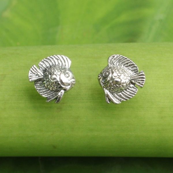 Alternate image for Small Fish Button Earrings in Sterling Silver Happy Fish