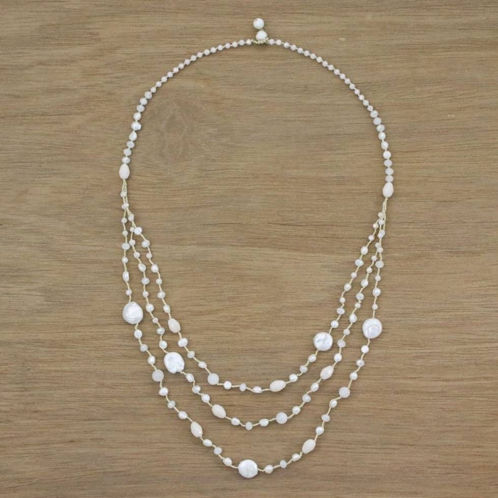 Cultured Pearl Multigem Beaded Necklace from Thailand 'Festive Holiday in White'