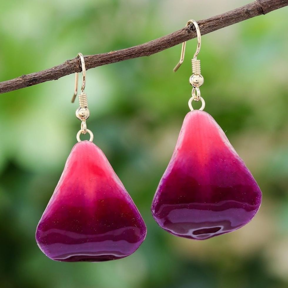 Natural Orchid Flower Dangle Earrings in Magenta 'Petal Rain'