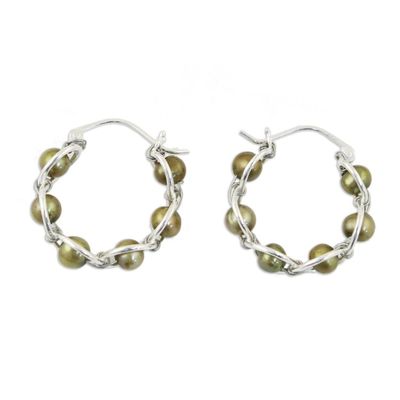 Alternate image for Green Cultured Pearl and 925 Silver Earrings from Thailand Cloud Twist in Green