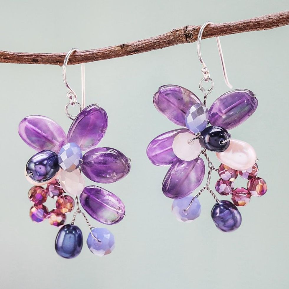 Amethyst and Cultured Pearl Earrings from Thailand 'Elegant Flora'