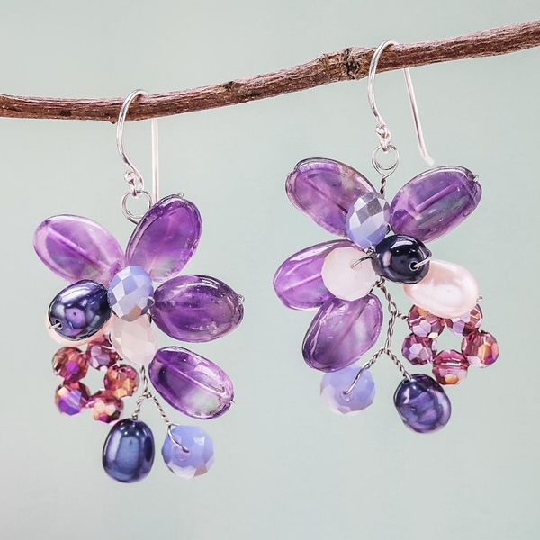 Alternate image for Amethyst and Cultured Pearl Earrings from Thailand Elegant Flora