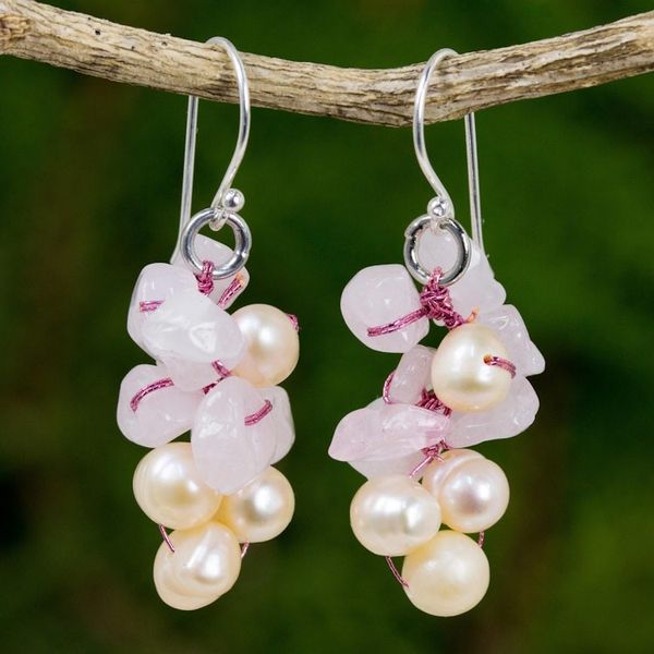 Alternate image for Rose Quartz and Pearl Earrings Pink Bouquet